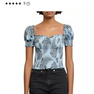 Sandro Blue Paisley Puff Sleeve Top
